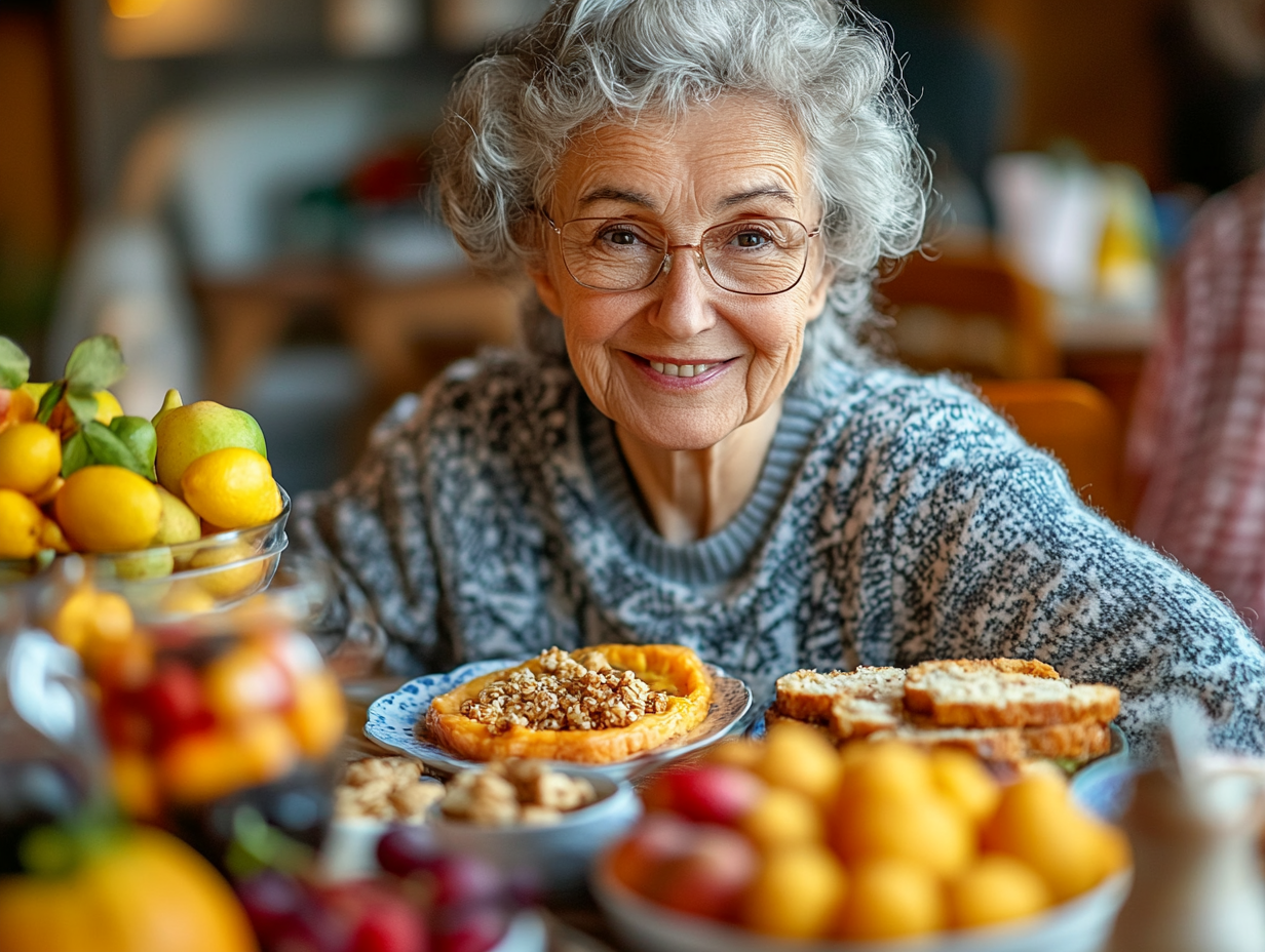 Щастлива възрастна жена с плодове и зеленчуци